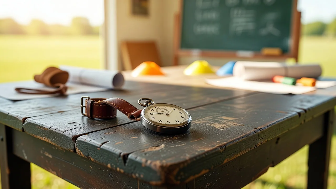 A vintage stopwatch with a leather strap on an old wooden tactics table