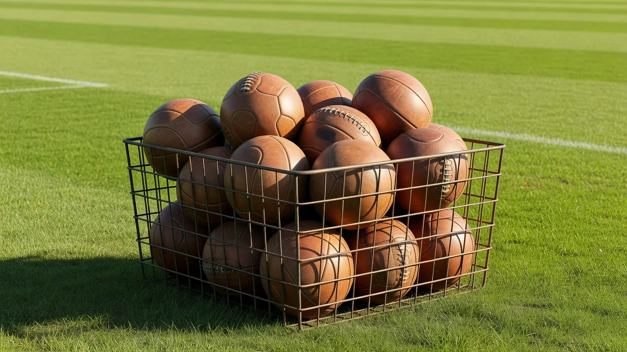 A pile of old leather footballs in a wire basket beside a pitch in warm light