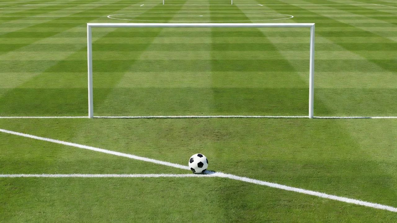 A football resting on grass near the goal line for a distribution drill