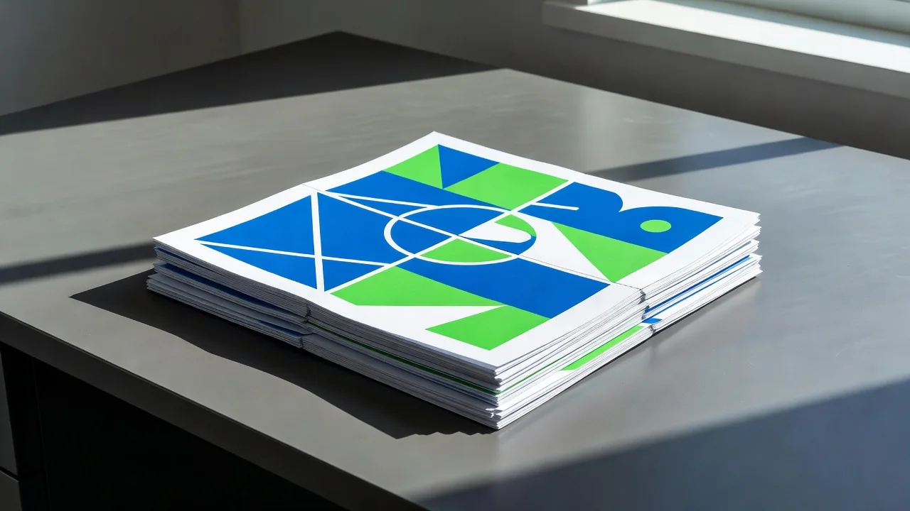 Folded tactical sheets with abstract geometric shapes stacked on a wooden desk