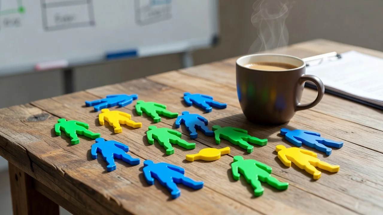 A ceramic cup of coffee beside abstract magnet pieces on a wooden coach desk