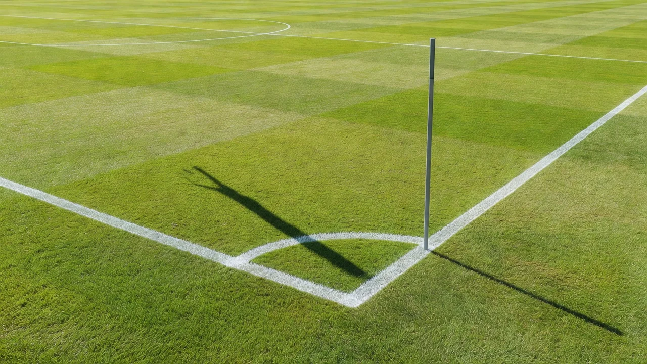 The corner quadrant arc of a pitch with the flag pole shadow on bright grass