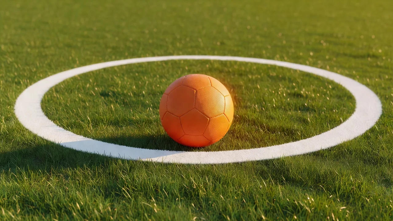 An orange football beside a white painted centre circle line in golden light