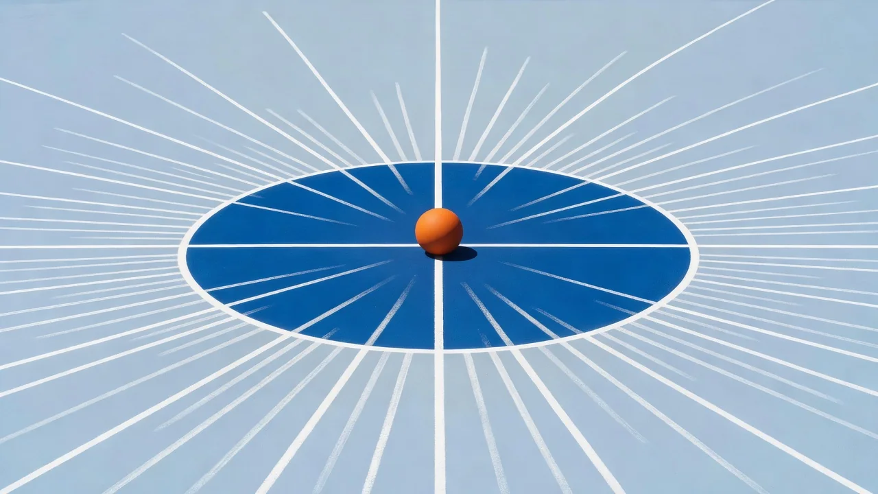 An orange football in the centre of a painted circle with radiating chalk lines