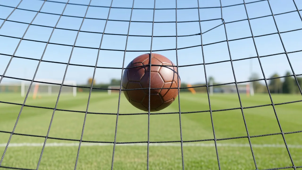 A leather football in the back of a goal net shot through the mesh
