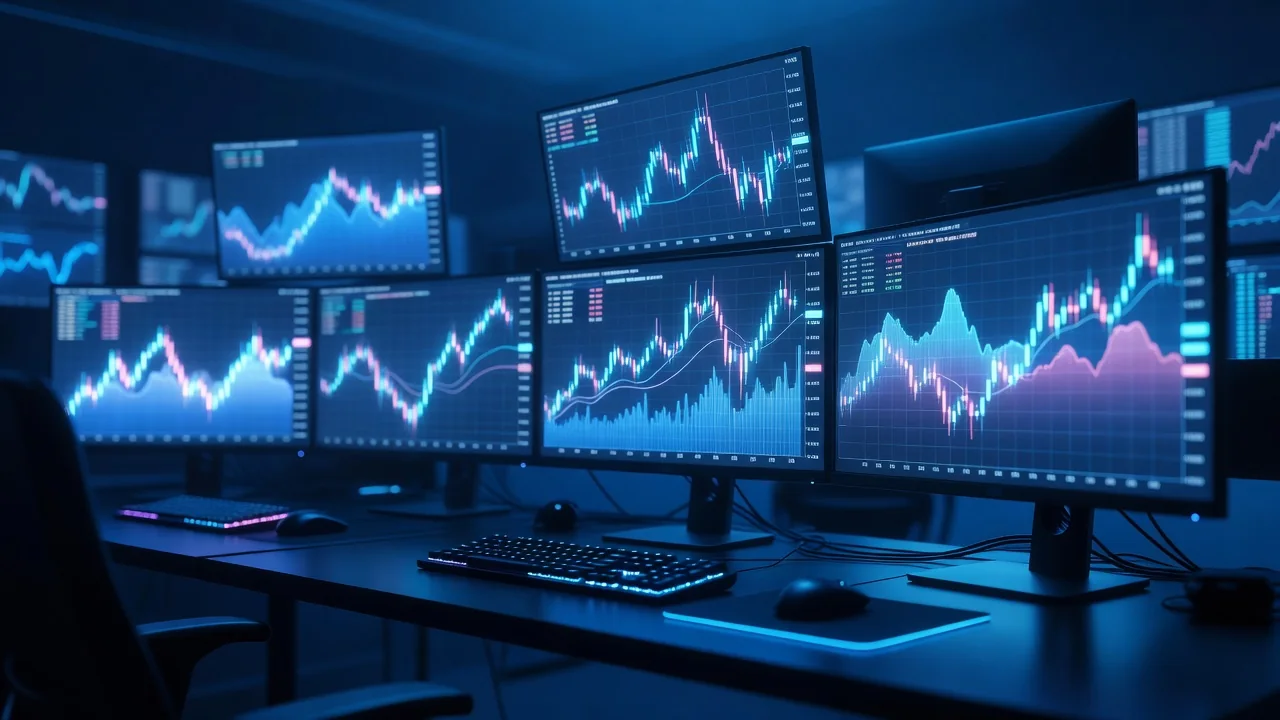 Currency exchange and stock ticker displays in a Seoul trading floor