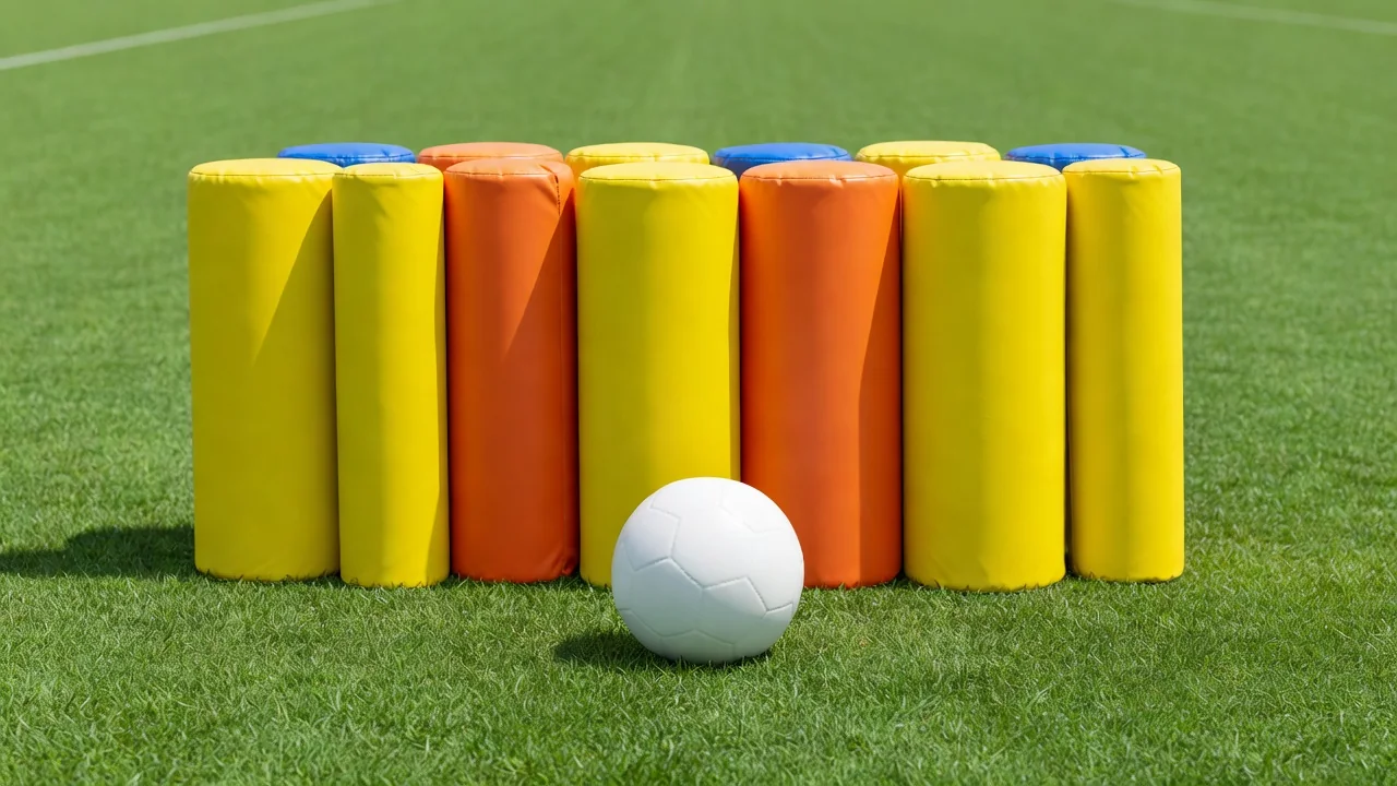 A football sitting in front of a training mannequin wall under bright sun
