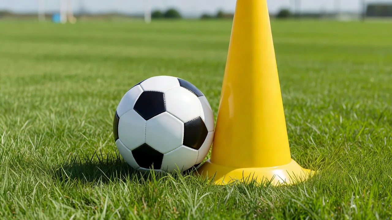 A football stopped dead against a yellow training cone on bright grass