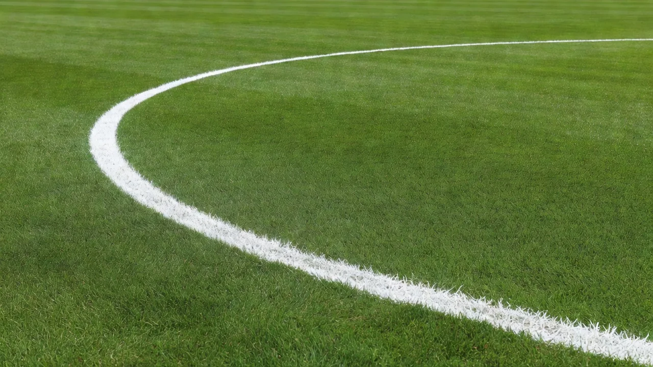 A chalk line curving from the wing into the centre of a green pitch