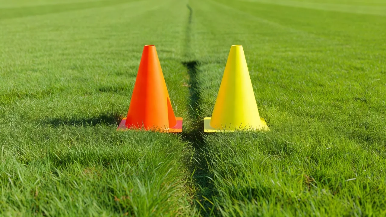 Two cones marking a narrow passing gate on bright grass