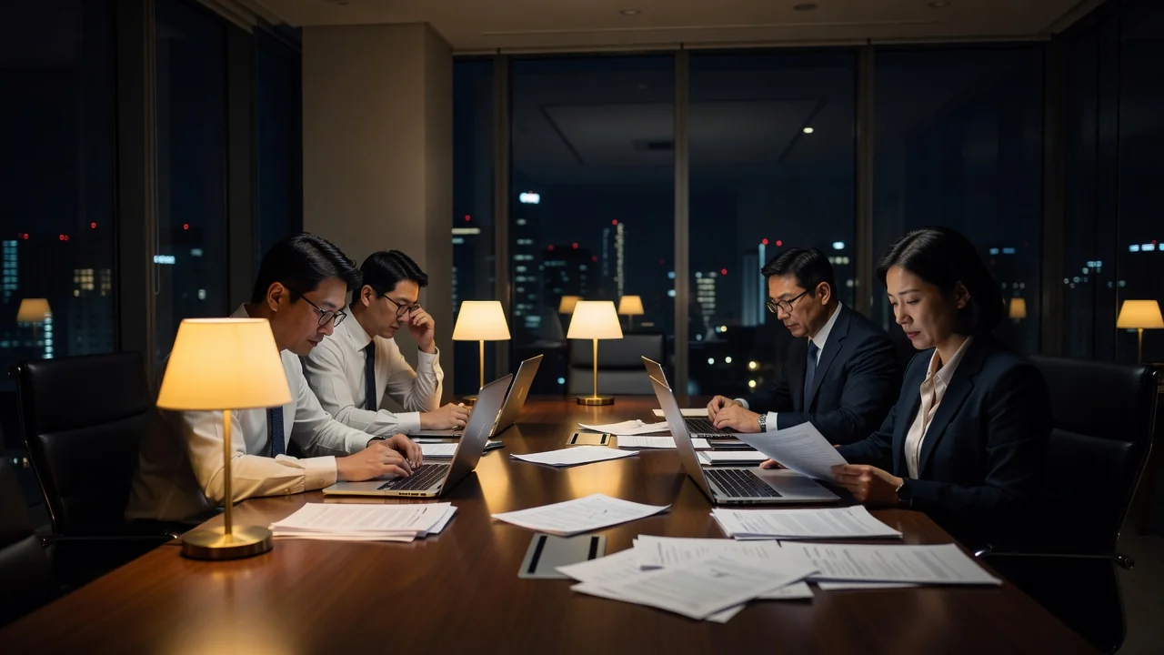 Meeting room in a Seoul securities firm with documents and laptops during IPO preparation