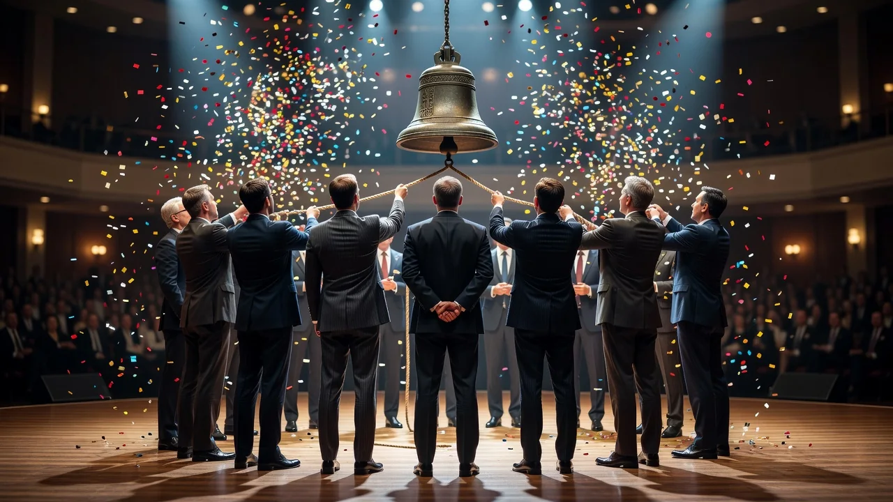 Opening ceremony of a stock listing with executives at a bell podium