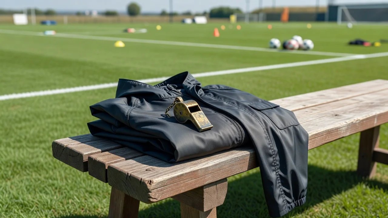 An old brass whistle on a folded dark rain jacket draped over a wooden bench