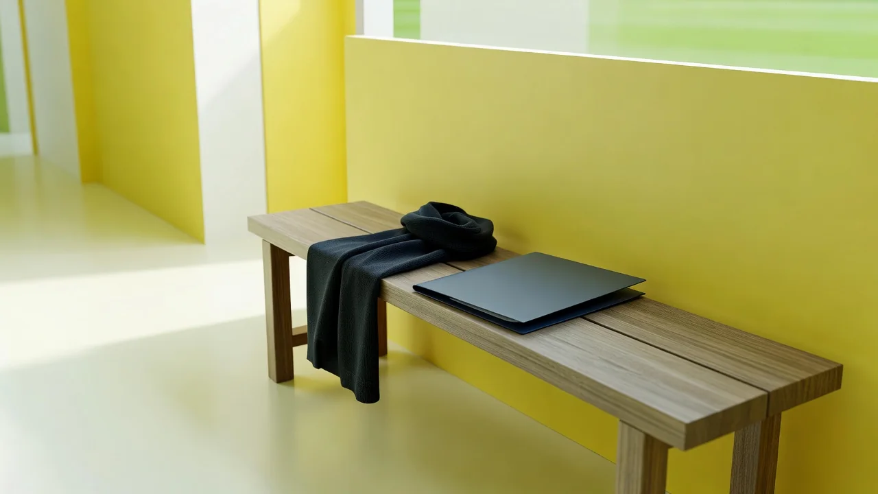 A dark scarf and a matchday folder on a wooden bench in a bright corridor