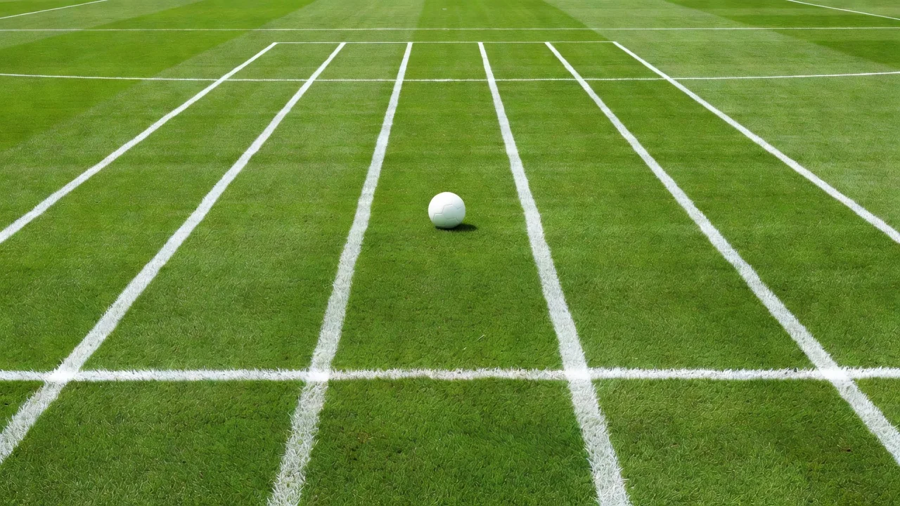 Aerial of five lanes of a pitch with a single ball in the central lane