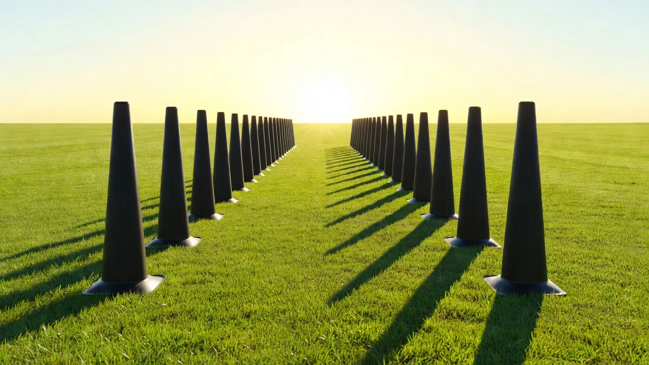 A line of tall black training cones casting long shadows on sunlit grass