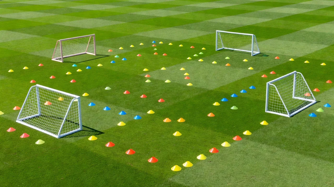 A training pitch with small-sided goals made of mini cones in bright midday sun