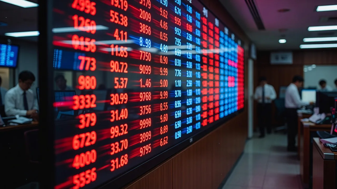 Electronic quotation board with falling and rising stock prices at a Korean brokerage in Seoul