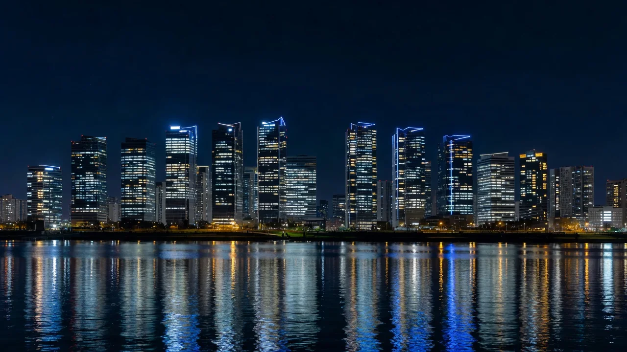 Night view of the Yeouido financial district in Seoul with office towers