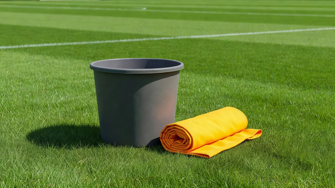 A plastic bucket and a rolled training bib on the grass edge of a bright pitch