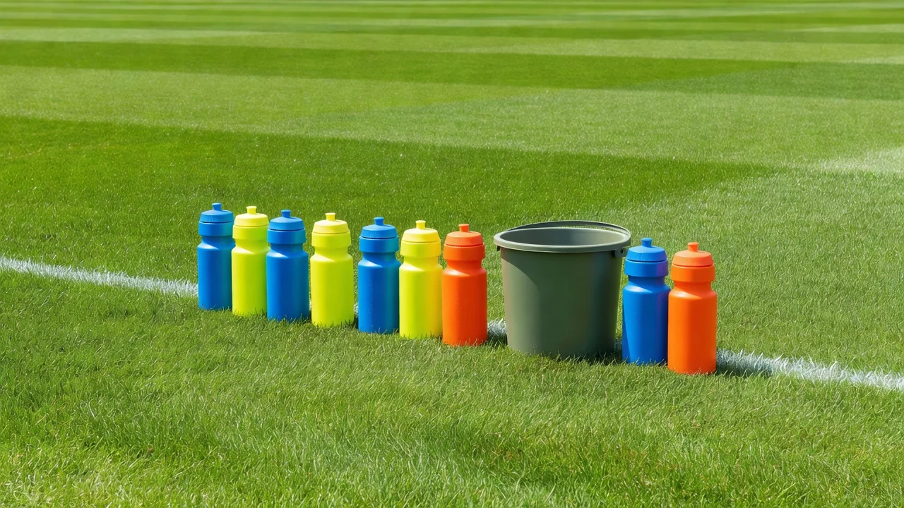A row of water bottles and a bucket on the sideline of a bright training ground