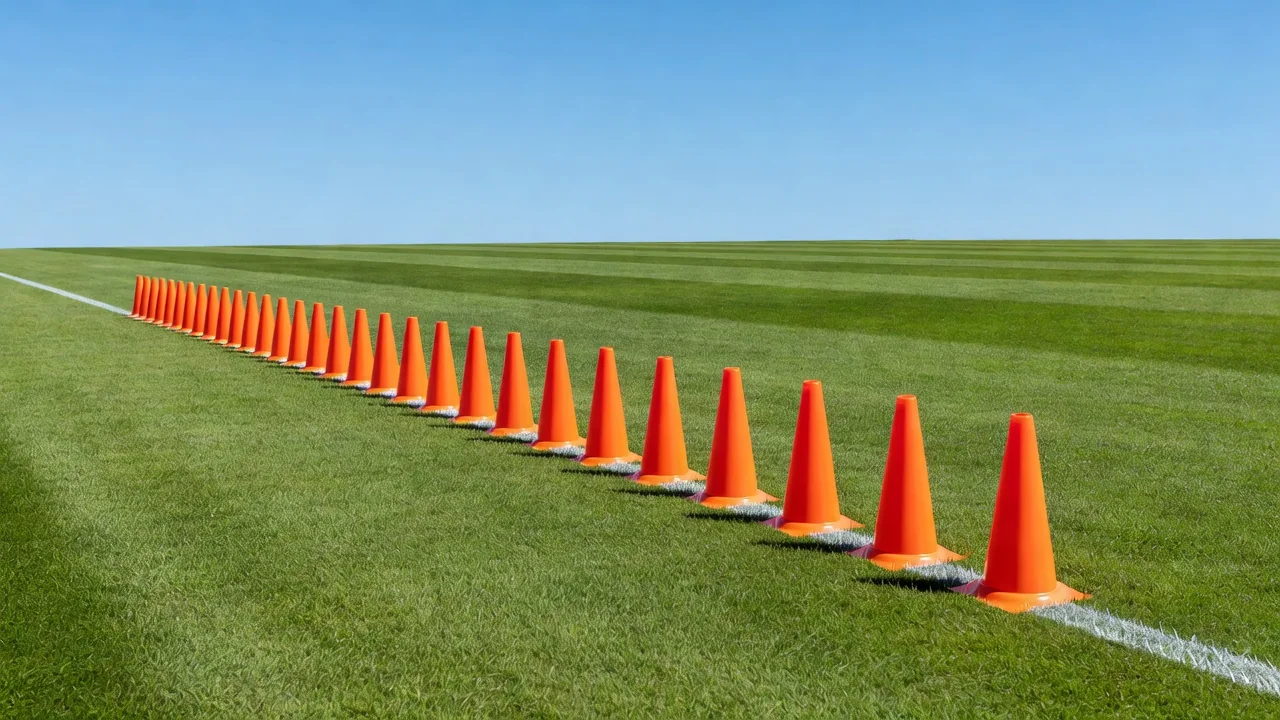 A wall of evenly spaced orange cones across the halfway line under bright sky