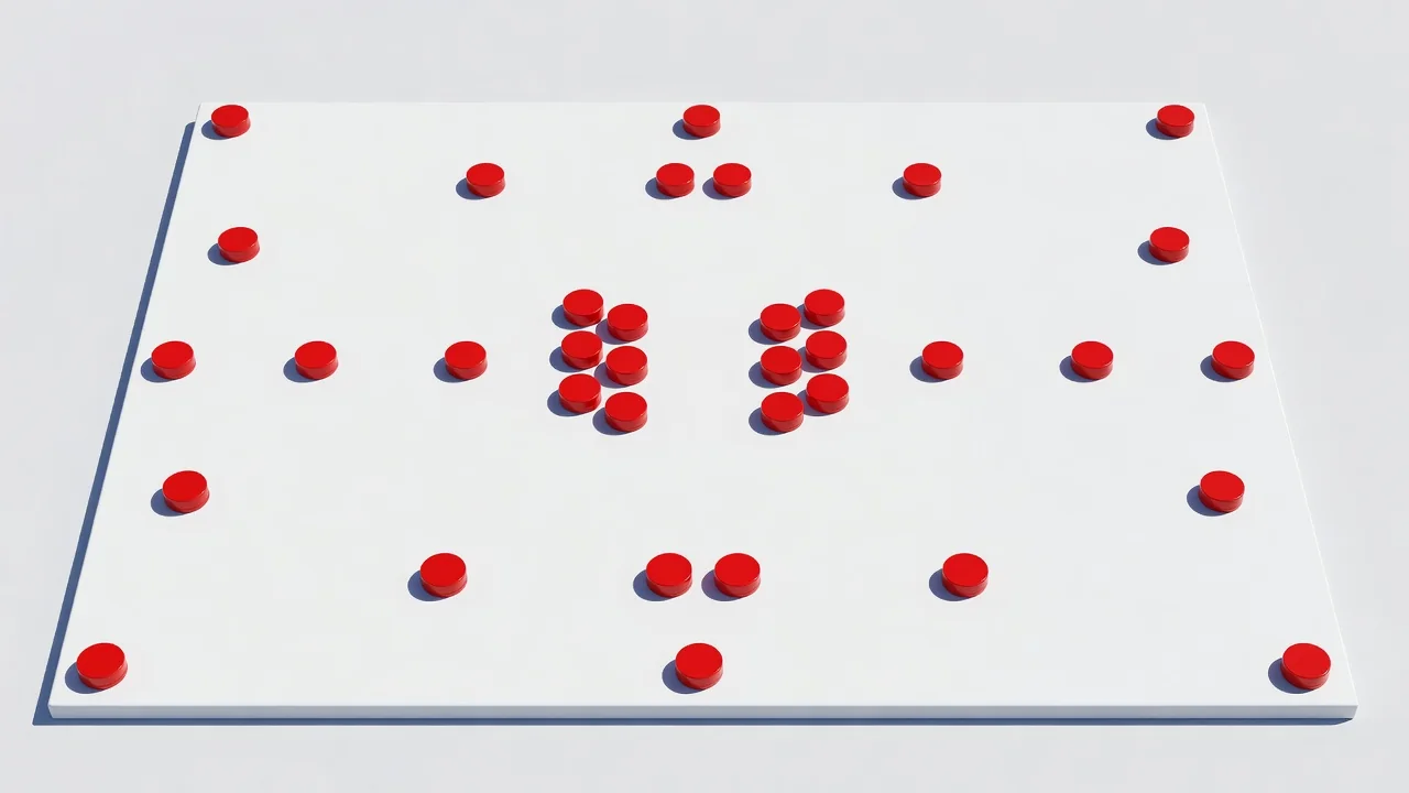 A white matte board with red magnets stacked in a double-pivot midfield shape