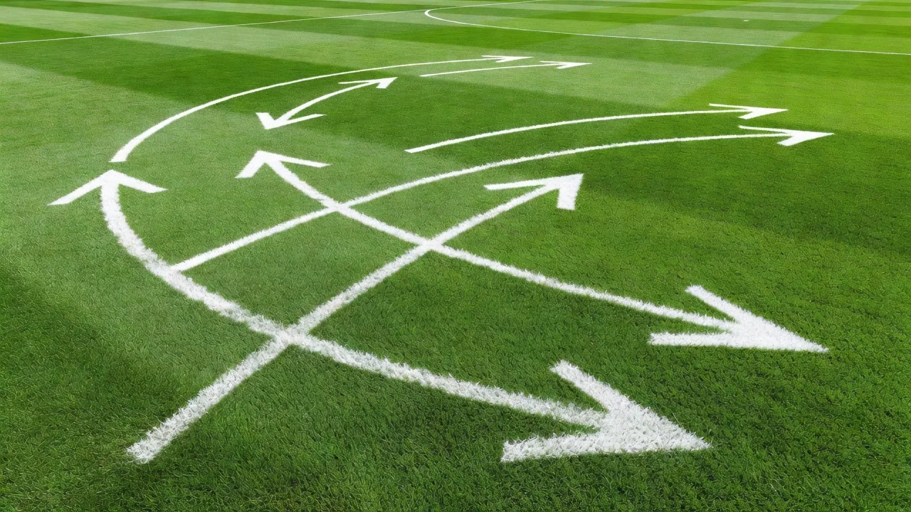 White chalk arrows showing a switch of play across a green pitch surface