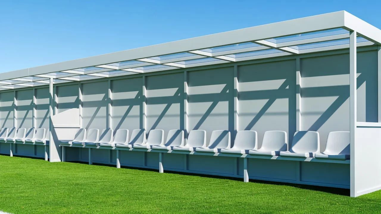 An empty modern dugout roof shelter with shadow patterns on the seats