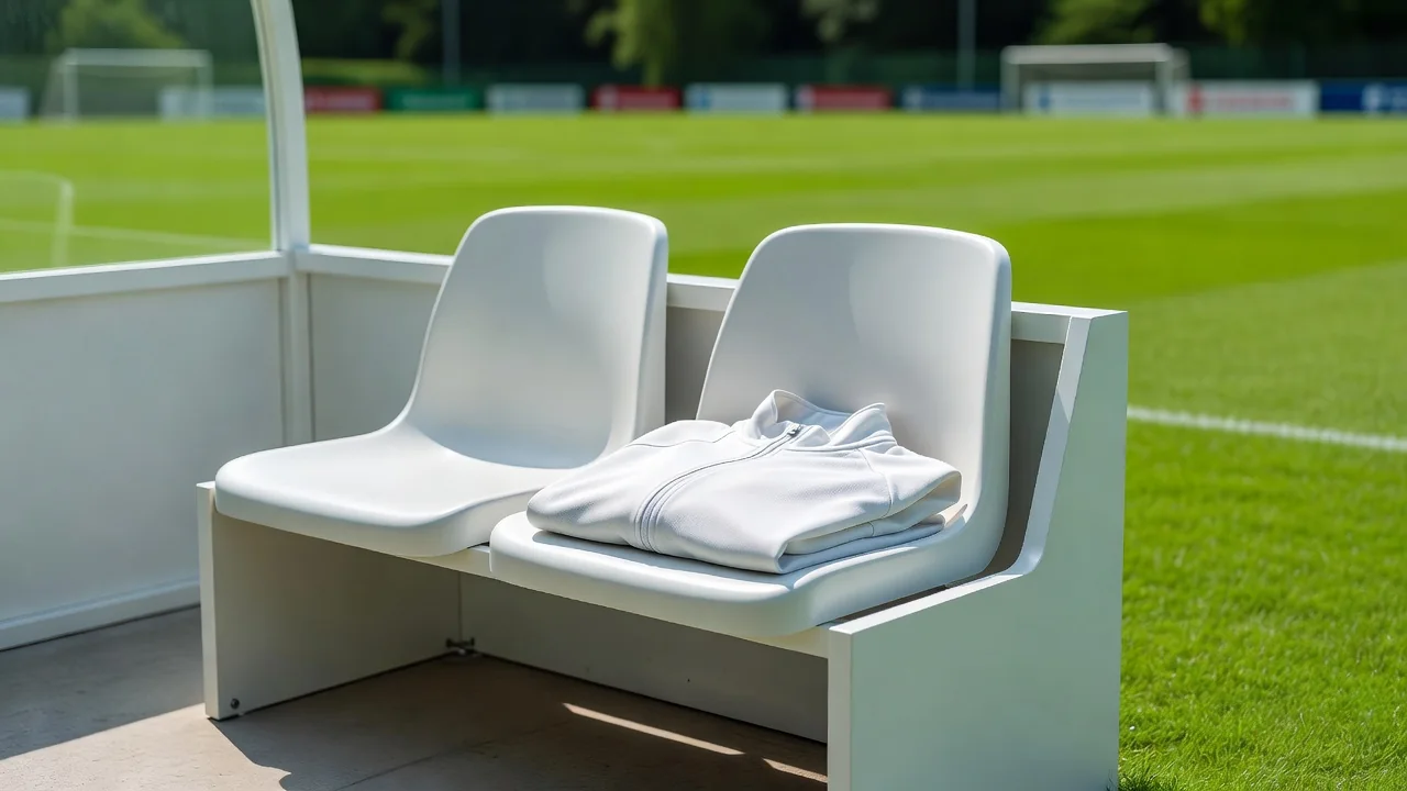 A folded manager's jacket on the back of an empty dugout seat in daylight