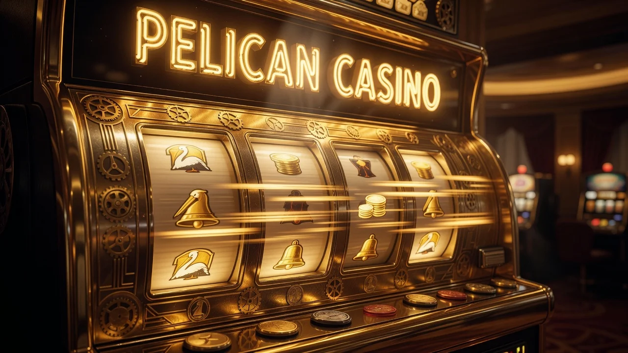 Slot machine reels and Pelican Casino emblem