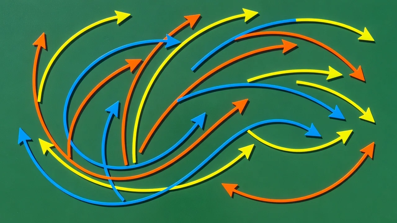 Abstract curved arrows and magnetic strips arranged on a matte green tactics board
