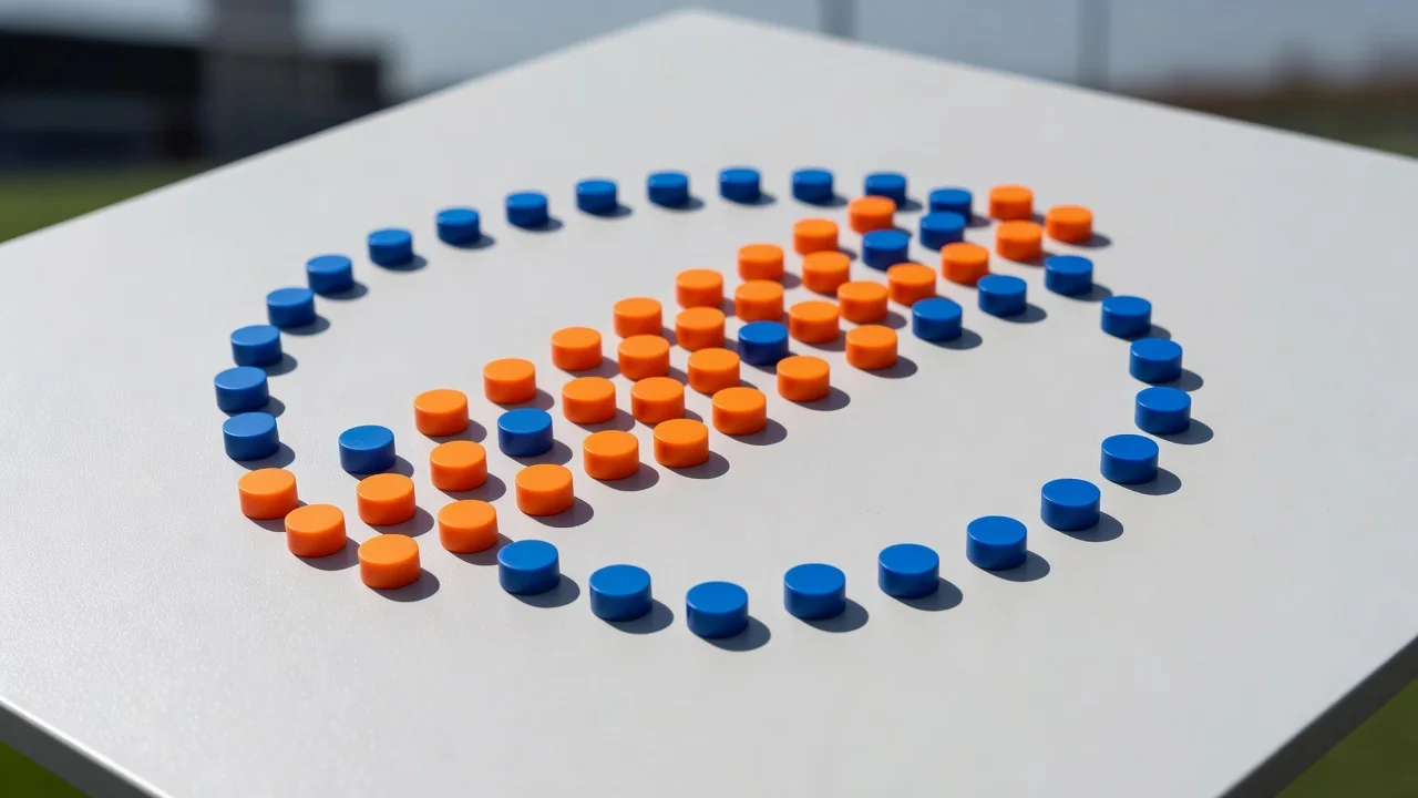 Orange and blue magnets forming a half-space overload on a matte tactics board