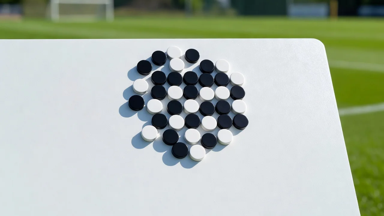 Black and white magnets squeezed into a corner pocket of a matte tactics board
