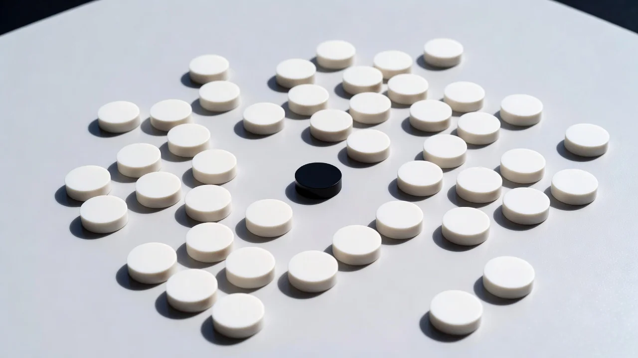 A single black magnet surrounded by white magnets on a matte board