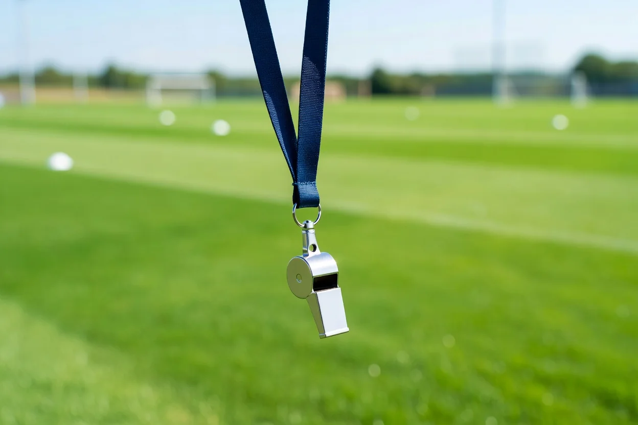 A coach's lanyard and whistle against a blurred bright training pitch