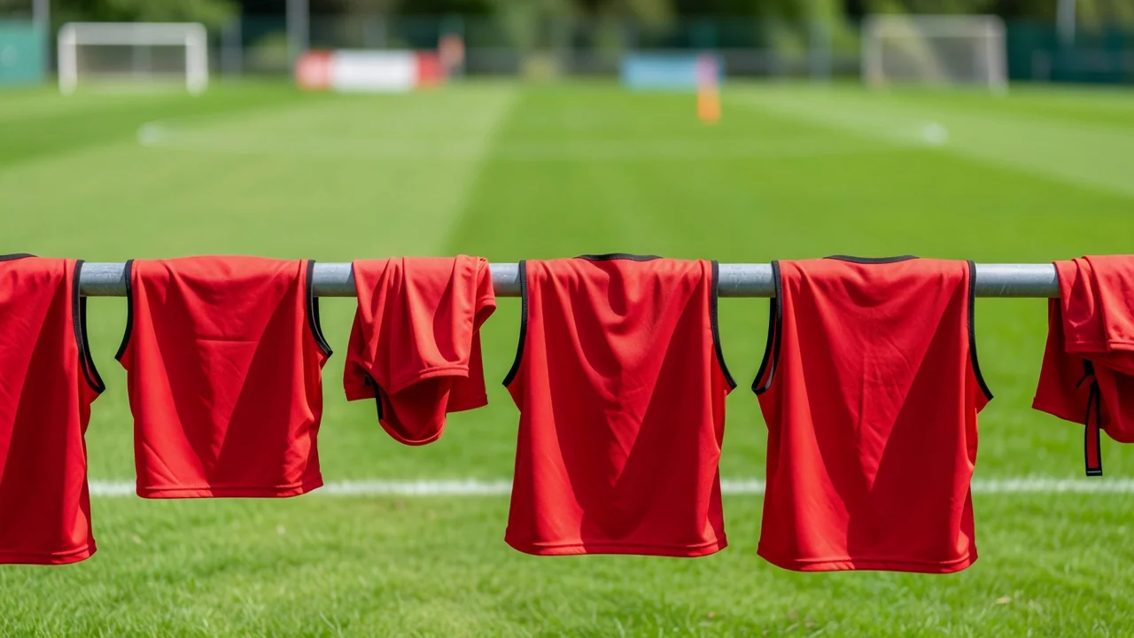 Red bibs drying on a fence rail with a blurred green pitch behind