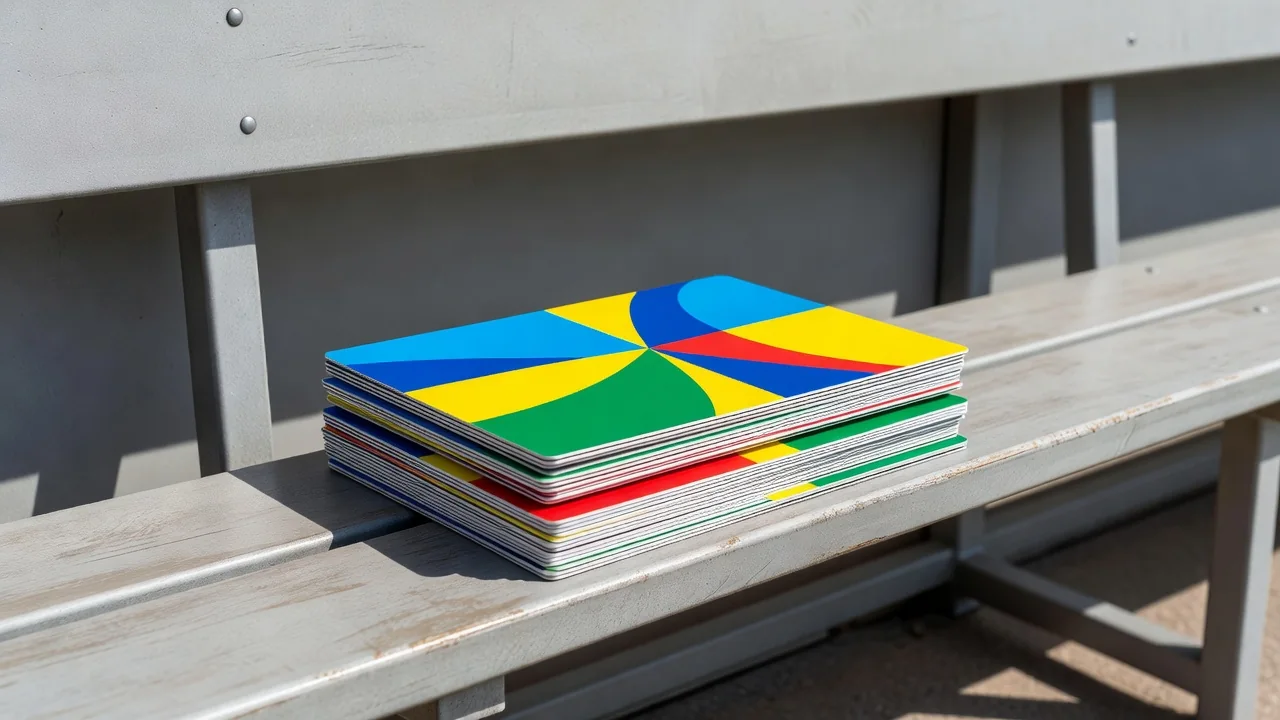 Stack of laminated training cards with abstract colored shapes on a dugout seat