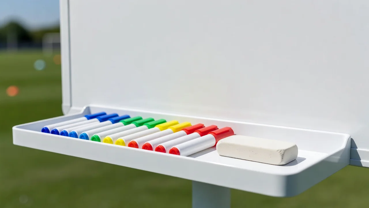 A coach's whiteboard marker tray with markers and an eraser, no writing visible
