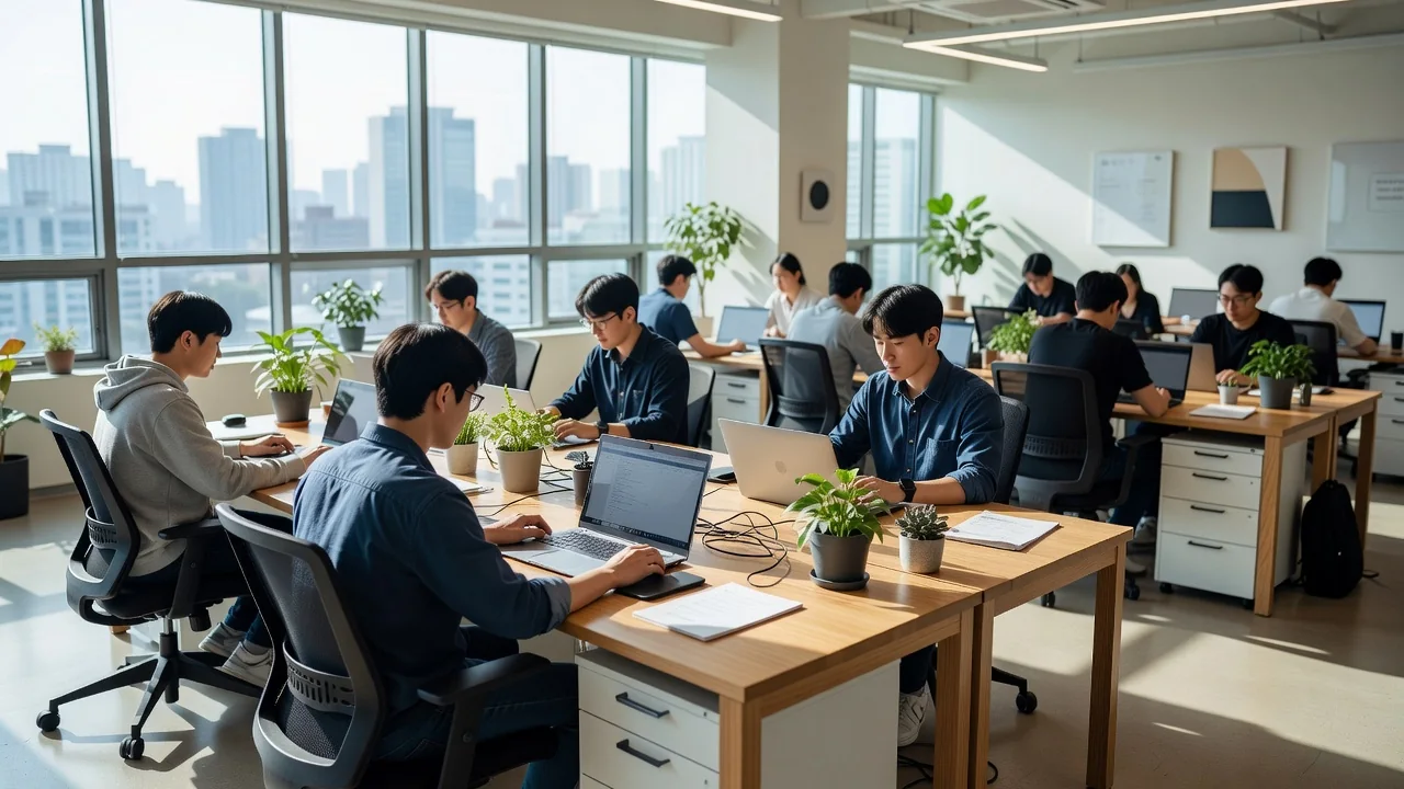 Modern startup office in Seoul with young engineers at shared desks