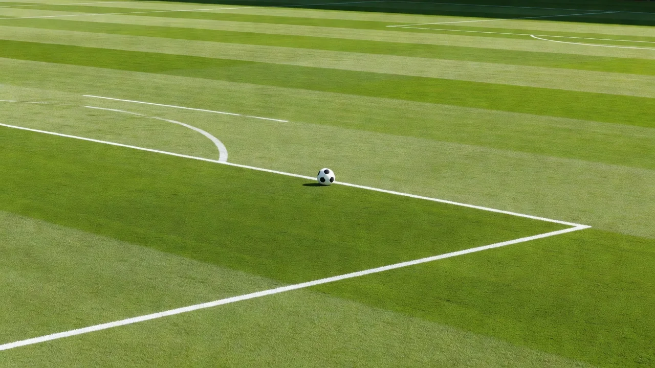 The six-yard box and goal line with a football on bright grass, empty pitch