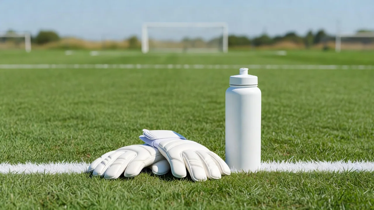 Goalkeeper gloves laid flat next to a water bottle on the goal line