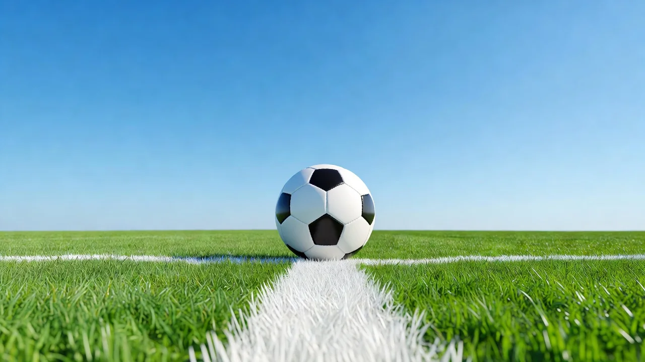 A football on the exact white sideline stripe, extreme low angle, bright sky