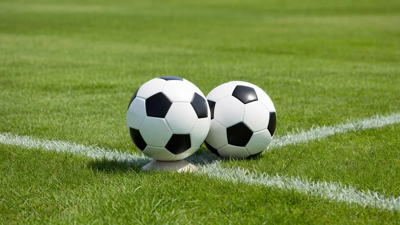 Two footballs on the touchline with one ready to be thrown in