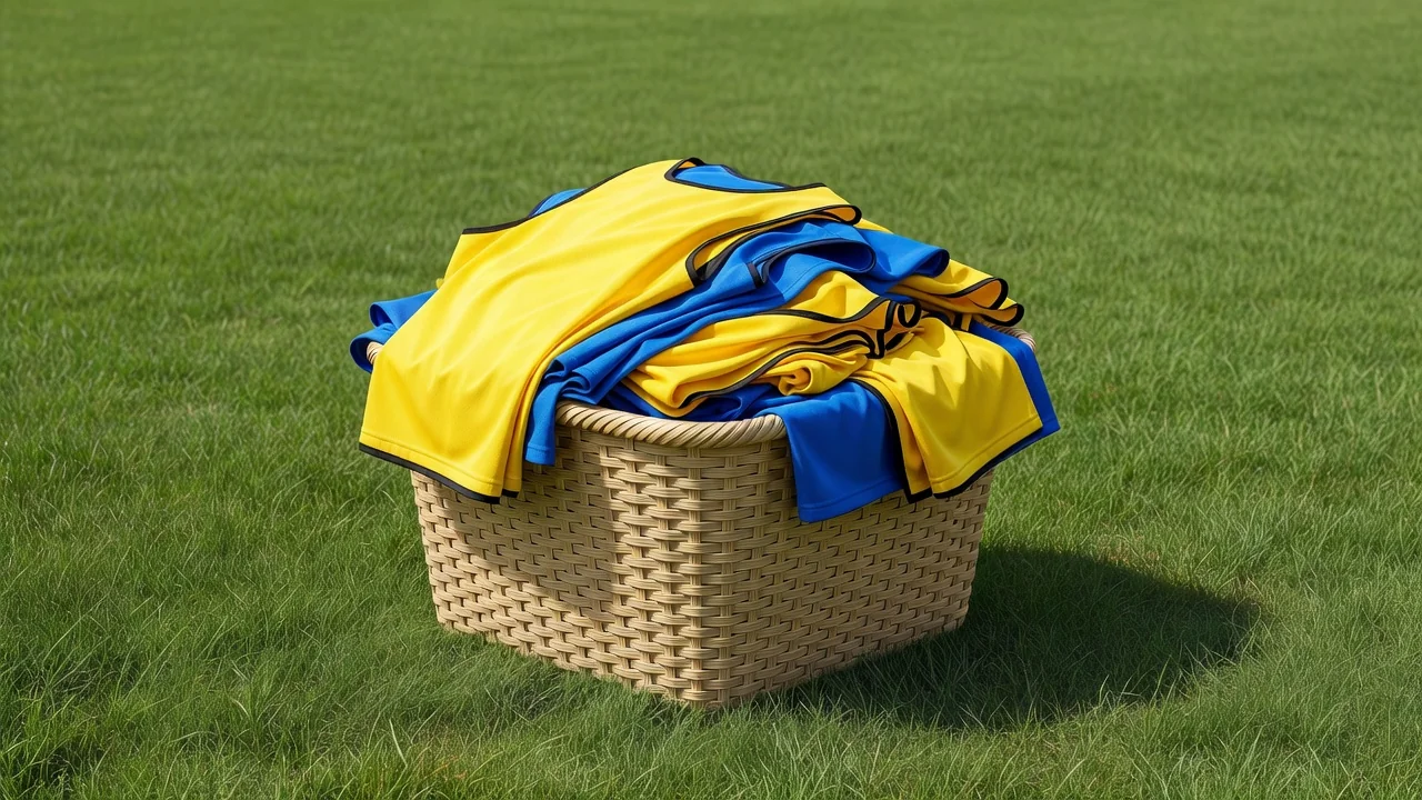 A mixing of yellow and blue bibs stacked in a basket on grass